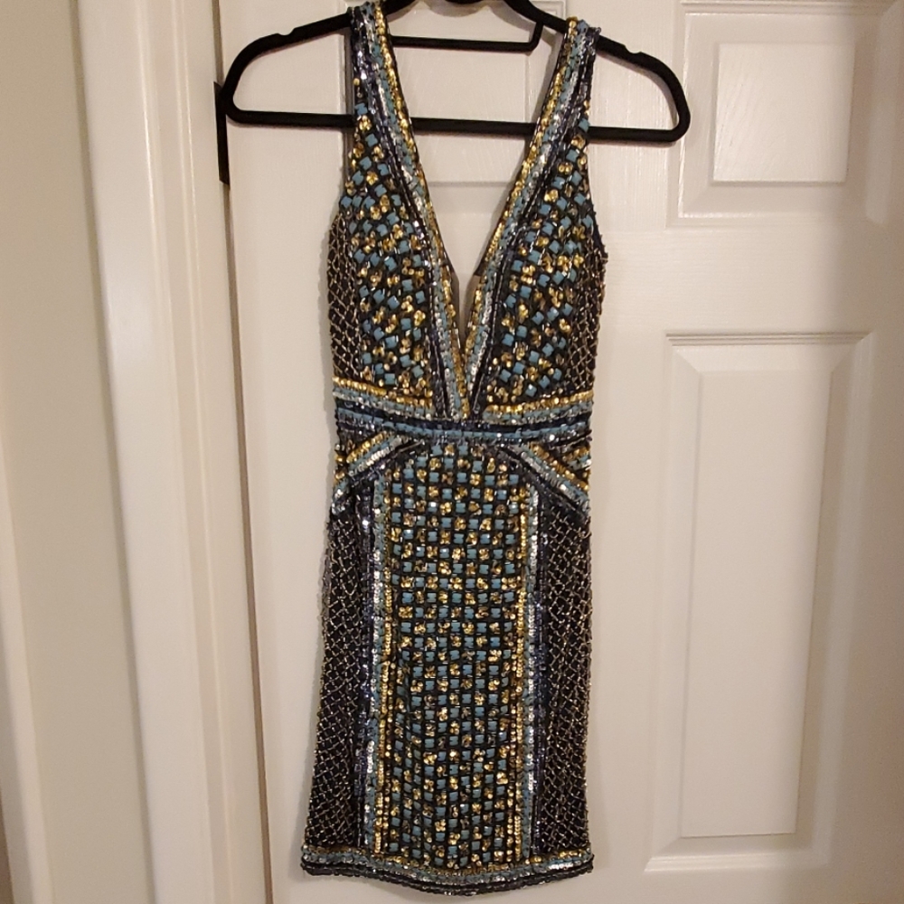 Jovani fully beaded mini dress blue gold
